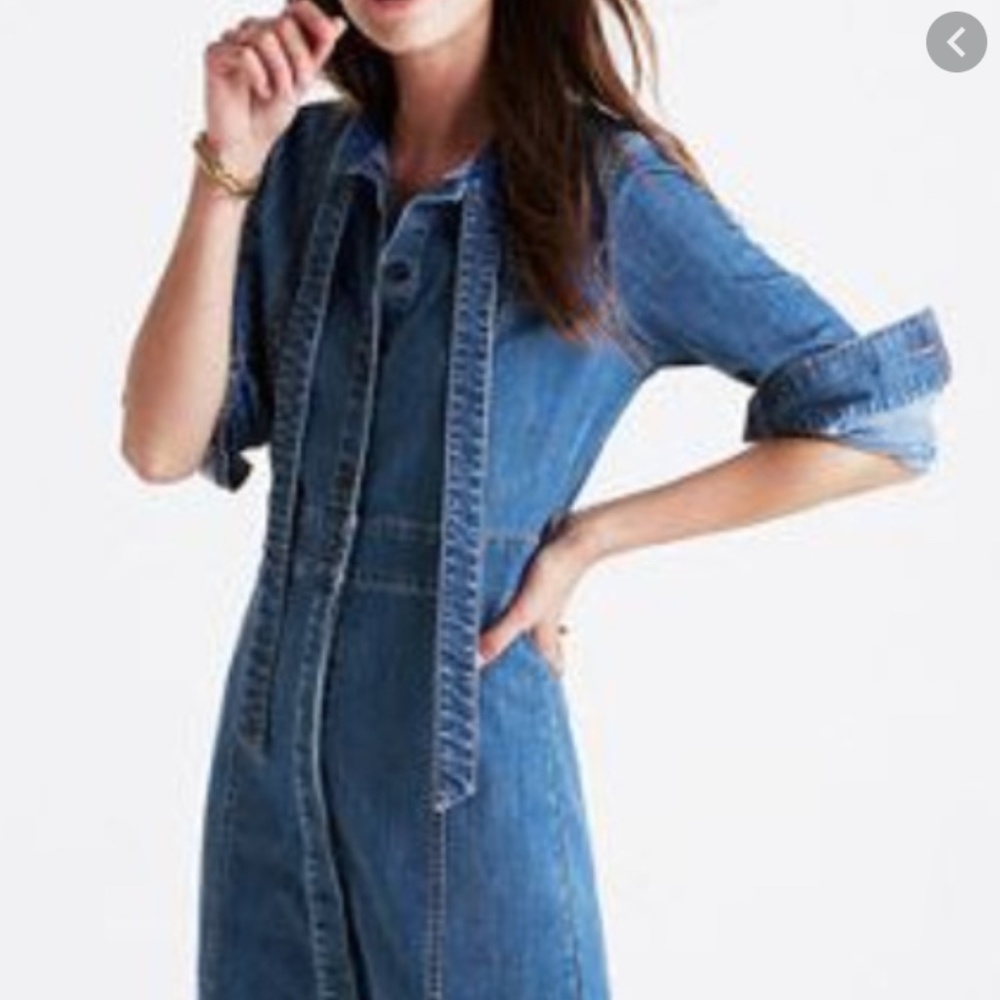 Madewell Button Down Tie Neck Denim Shirt Dress